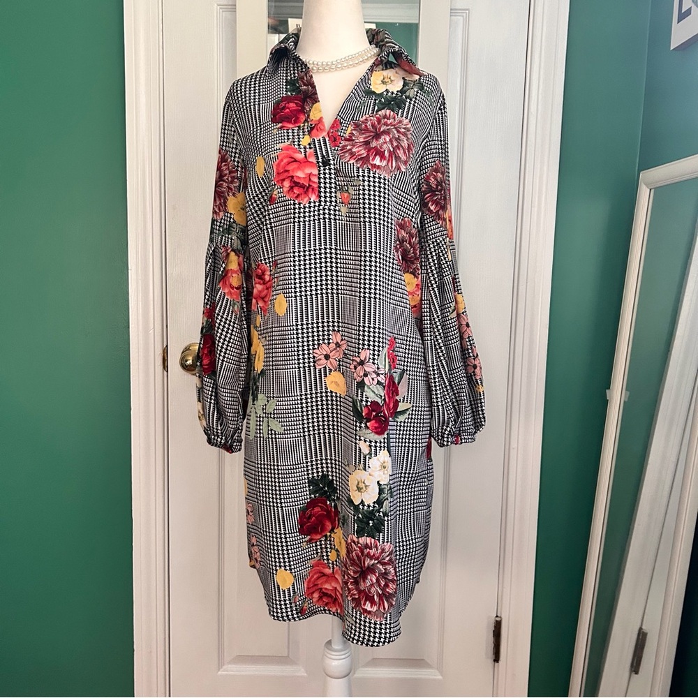 Spence Black/White Herringbone Plaid with Vibrant Florals Dress 4 NWT - Picture 13 of 13
